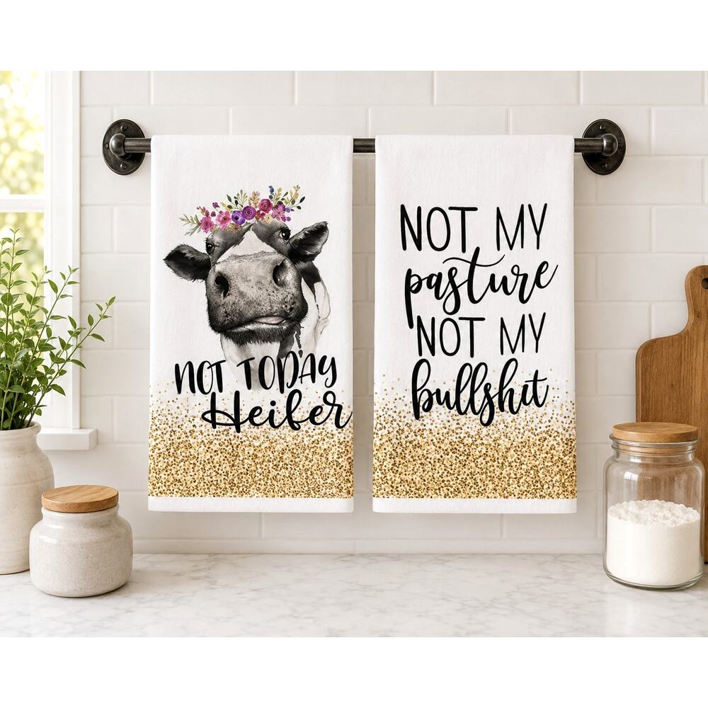 Hand Towels 2pc, Funny Cows Kitchen Dish Towel set. 18" x 26"
